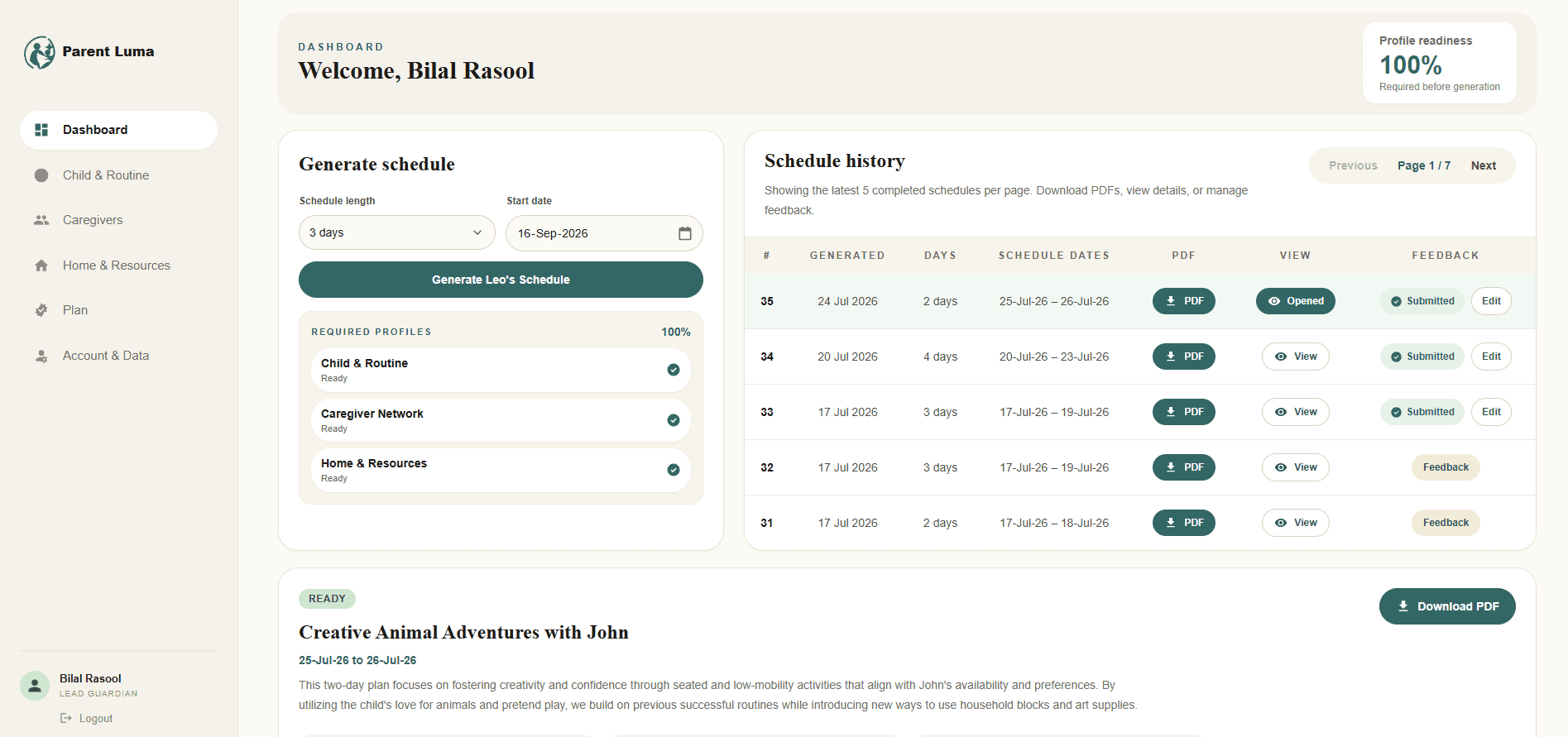 Parent Luma homepage with a parent and child and a personalized activity schedule
